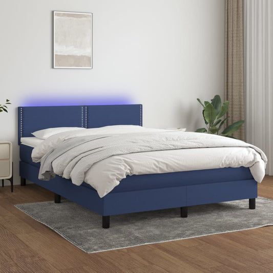 Cama box spring c/ colchão e LED 140x190 cm tecido azul