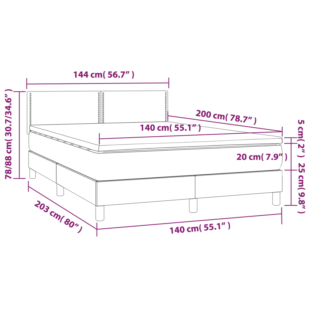 Cama box spring c/ colchão e LED 140x200 cm tecido cinza-escuro