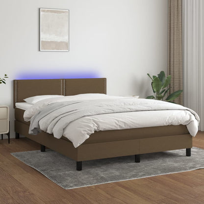 Cama box spring c/ colchão/LED 140x200cm tecido castanho-escuro