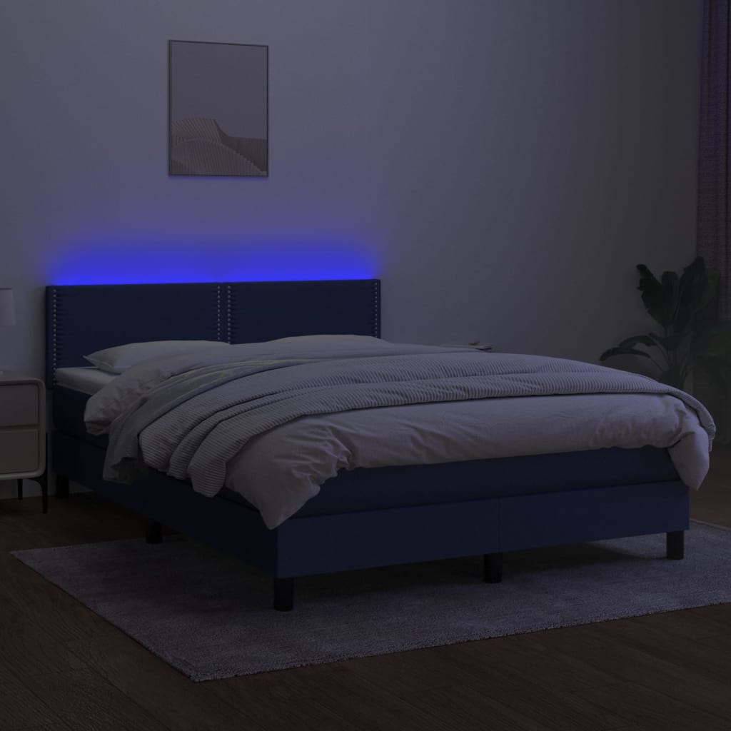 Cama box spring c/ colchão e LED 140x200 cm tecido azul