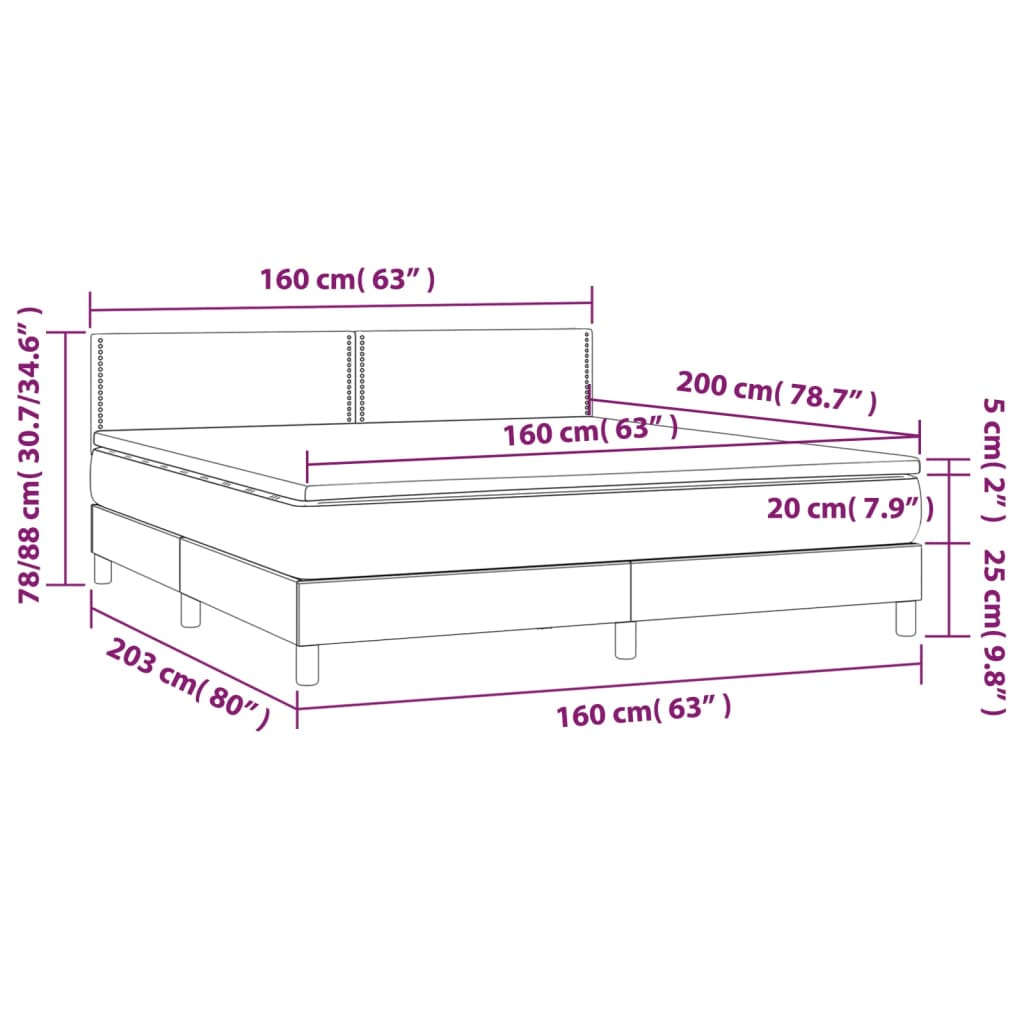 Cama box spring c/ colchão e LED 160x200 cm tecido cinza-escuro