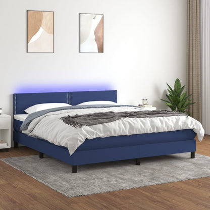 Cama box spring c/ colchão e LED 180x200 cm tecido azul