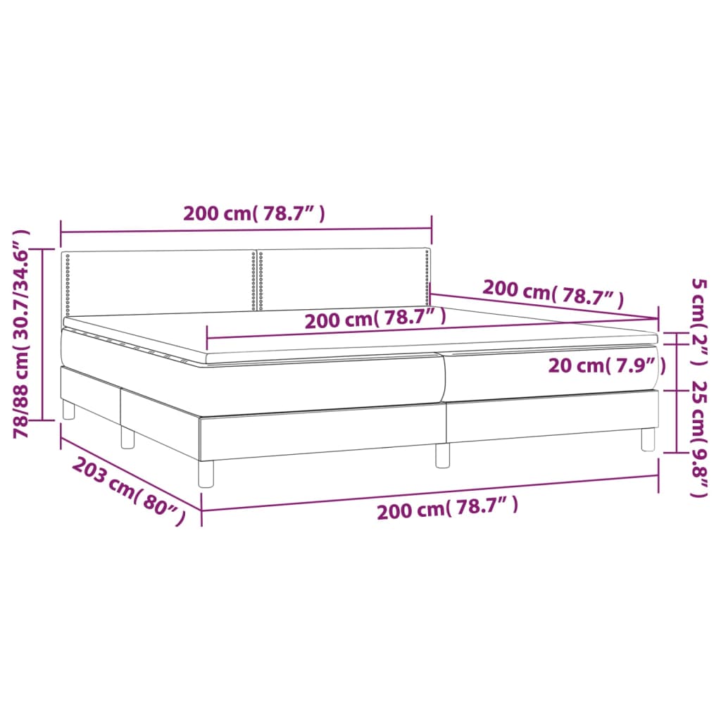 Cama box spring c/ colchão e LED 200x200 cm tecido cinza-claro