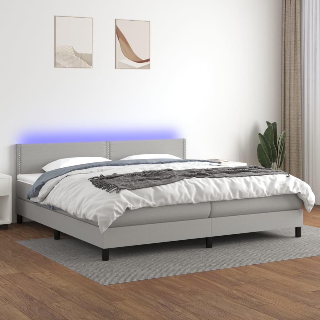 Cama box spring c/ colchão e LED 200x200 cm tecido cinza-claro