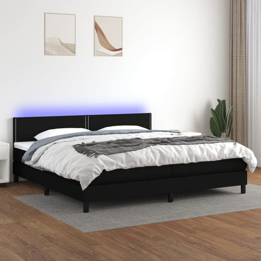 Cama box spring c/ colchão e LED 200x200 cm tecido preto