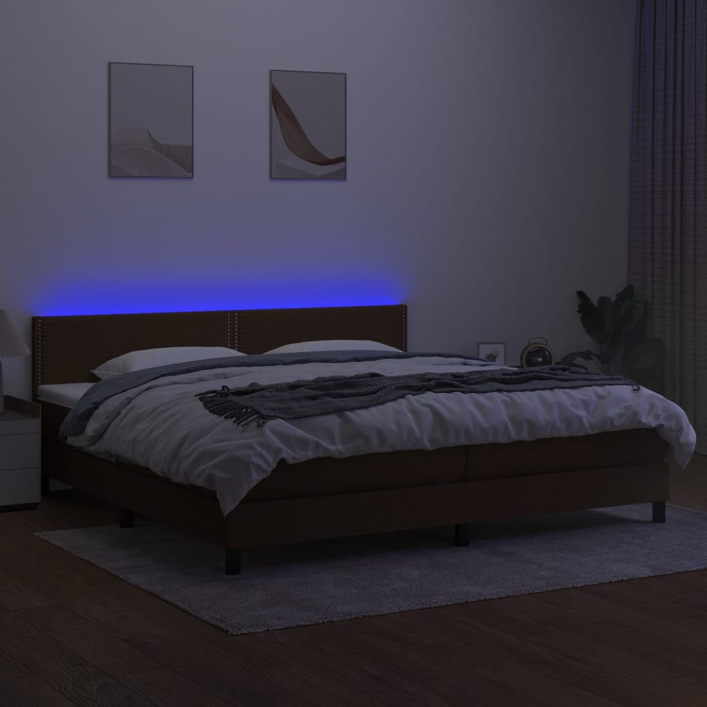 Cama box spring c/ colchão/LED 200x200cm tecido castanho-escuro