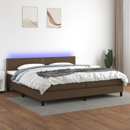 Cama box spring c/ colchão/LED 200x200cm tecido castanho-escuro