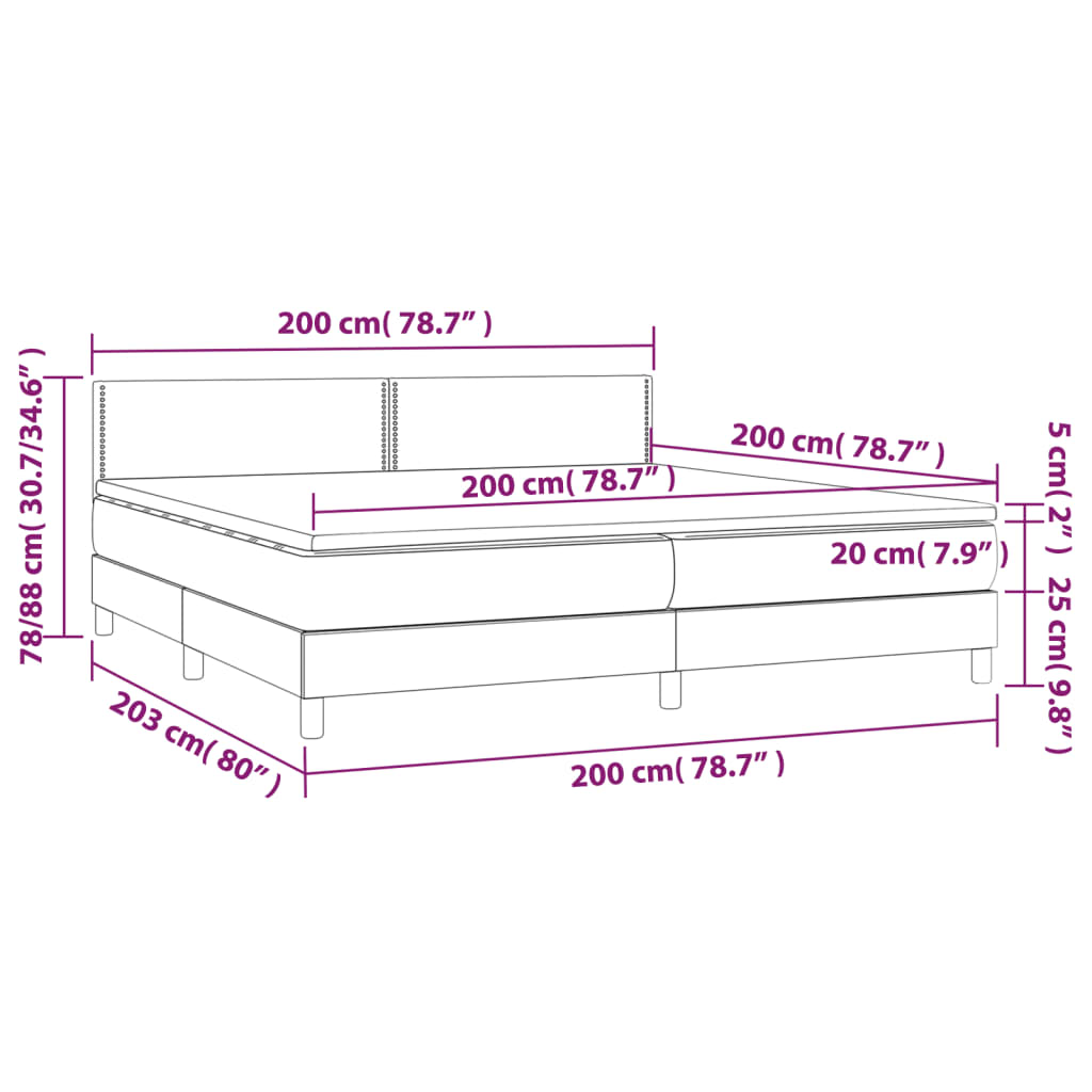 Cama box spring colchão/LED 200x200cm tecido cinza-acastanhado