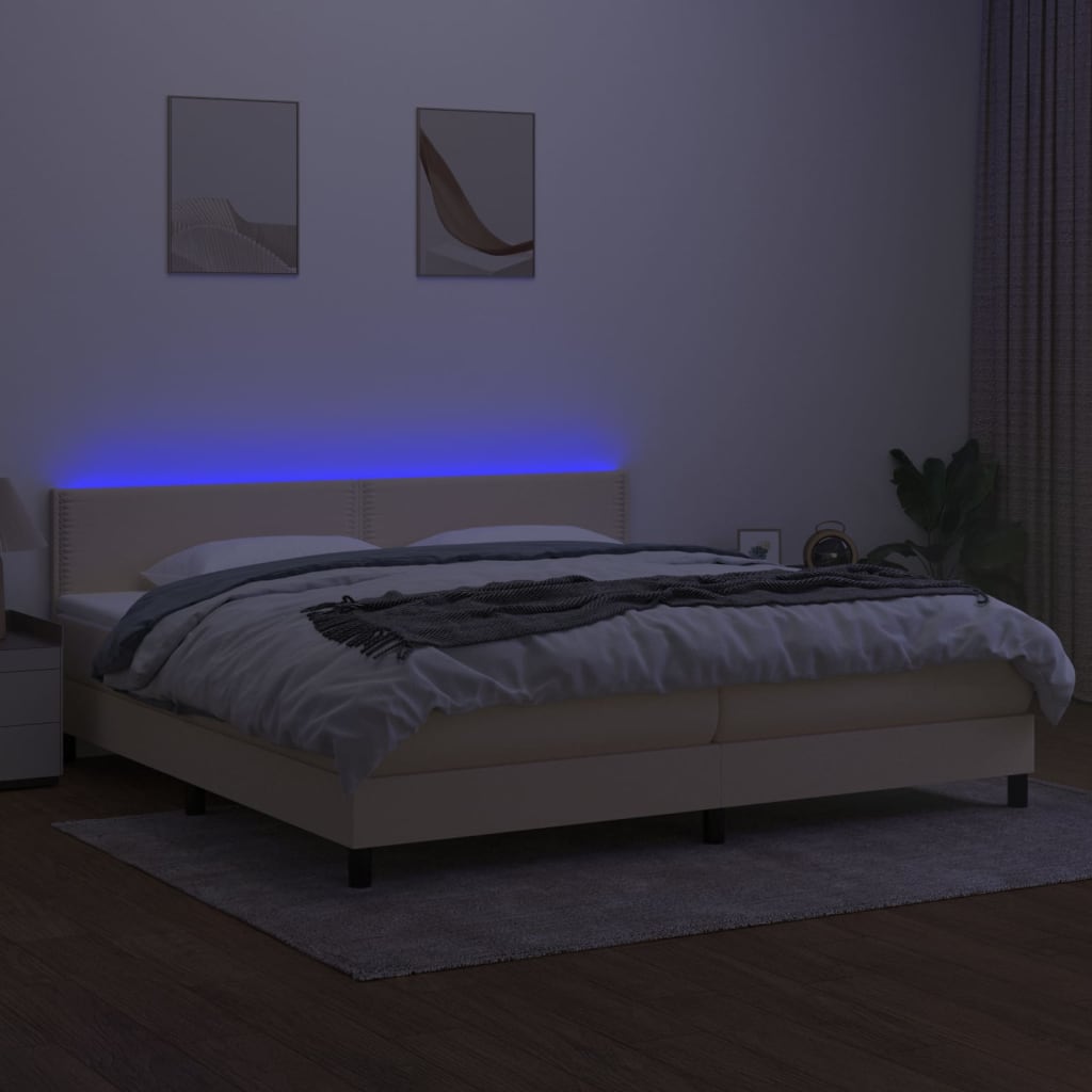 Cama box spring c/ colchão e LED 200x200 cm tecido cor creme