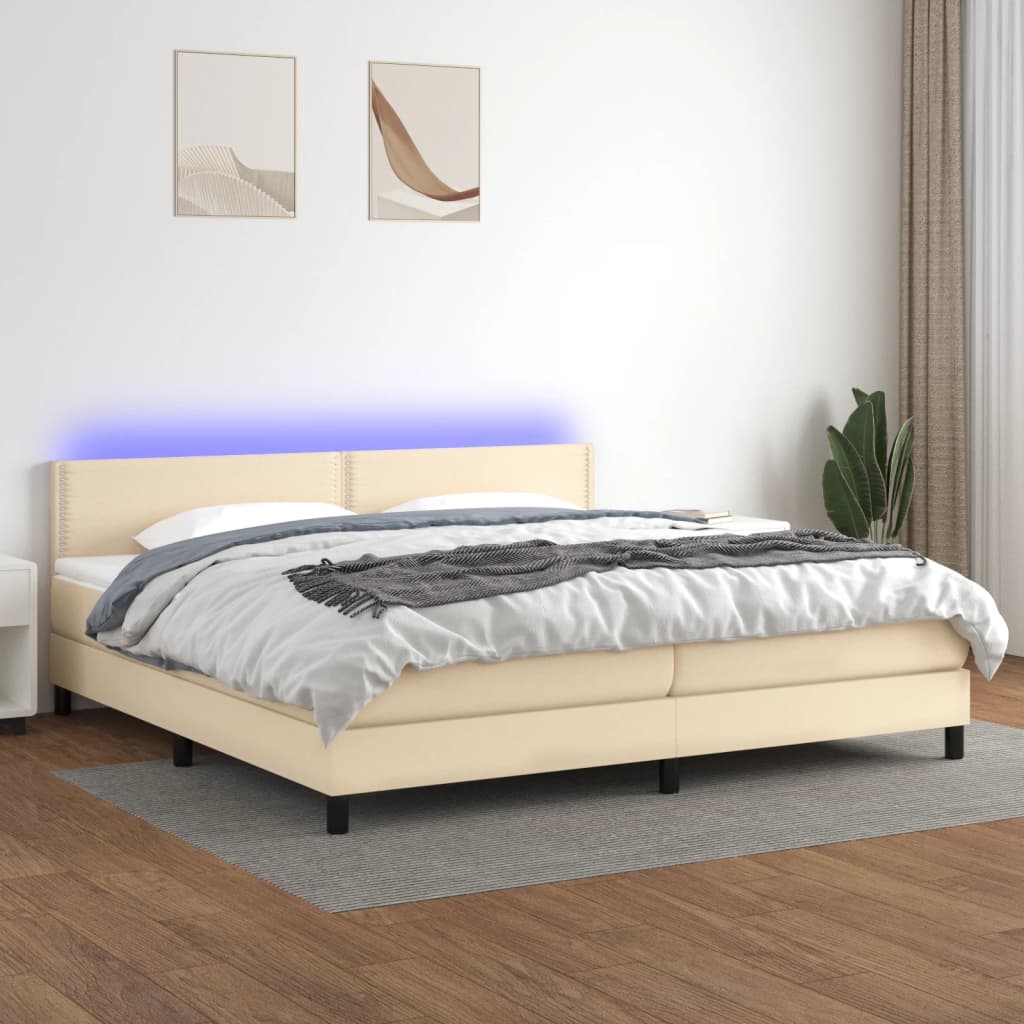 Cama box spring c/ colchão e LED 200x200 cm tecido cor creme