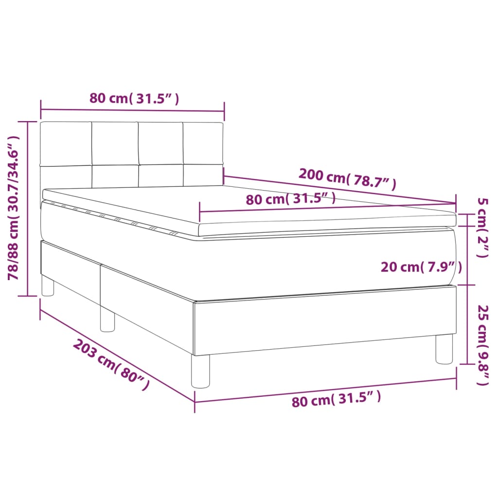 Cama box spring c/ colchão e LED 80x200 cm tecido cinza-claro