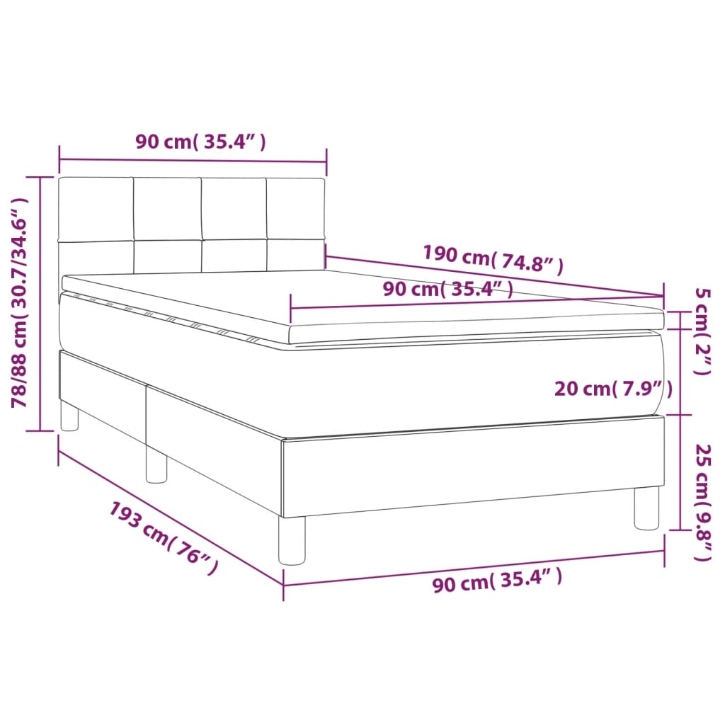 Cama box spring + colchão/LED 90x190cm tecido cinza-acastanhado