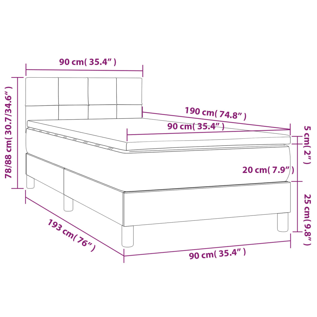 Cama box spring c/ colchão e LED 90x190 cm tecido cor creme