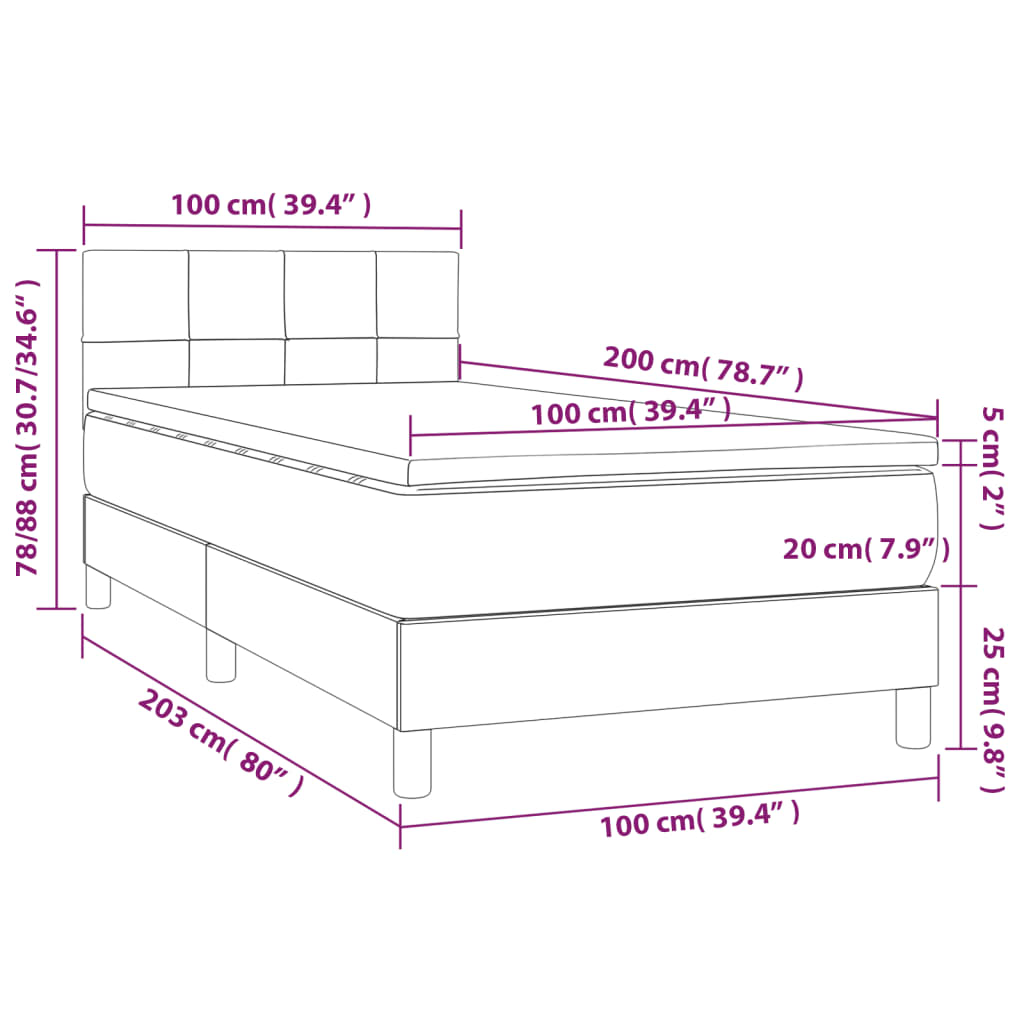 Cama box spring colchão/LED 100x200cm tecido cinza-acastanhado