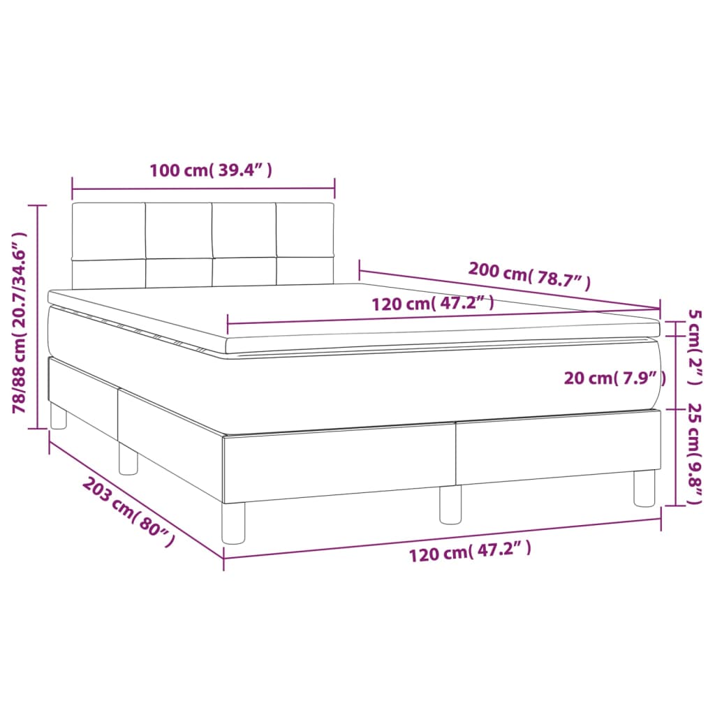 Cama box spring c/ colchão e LED 120x200 cm tecido preto