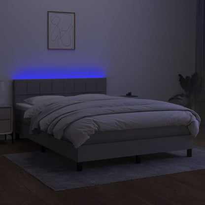 Cama box spring c/ colchão e LED 140x190 cm tecido cinza-claro