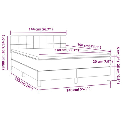 Cama box spring c/ colchão e LED 140x190 cm tecido cinza-claro