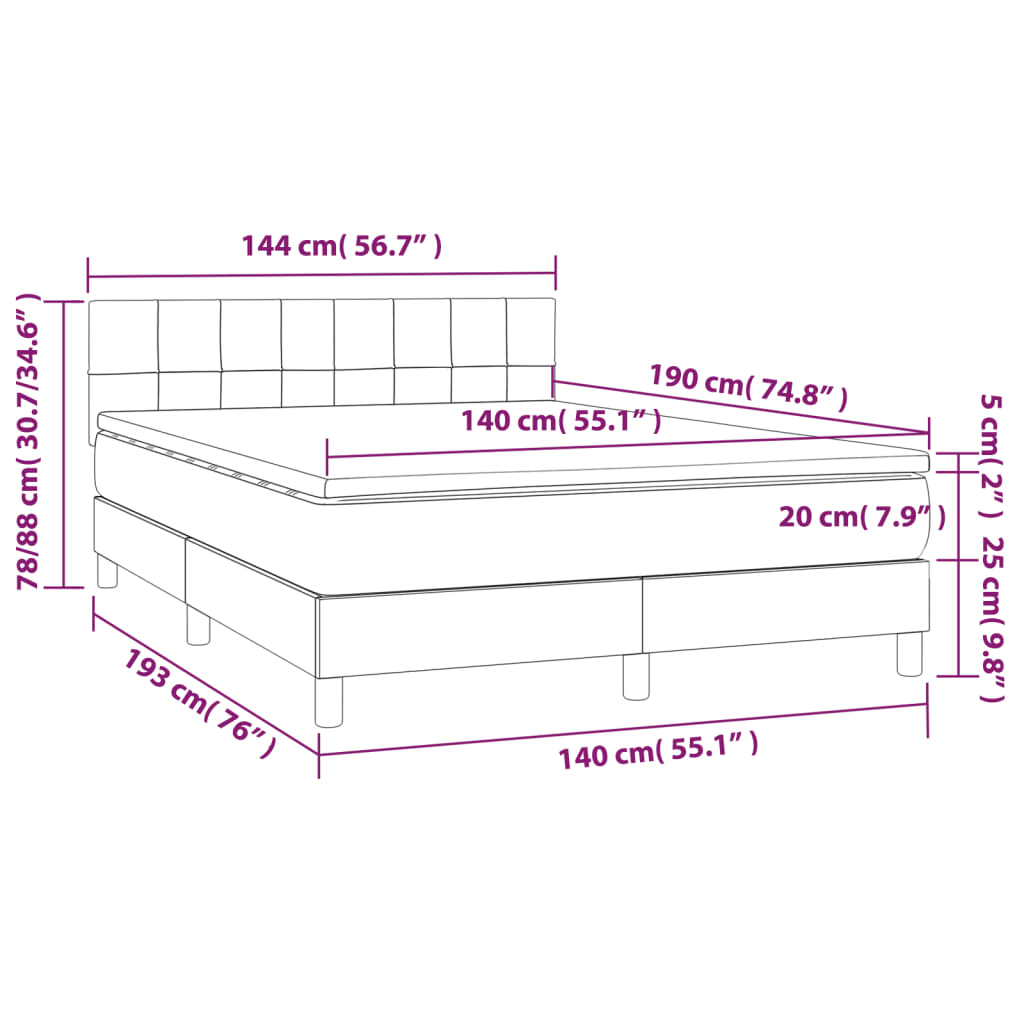 Cama box spring c/ colchão e LED 140x190 cm tecido preto