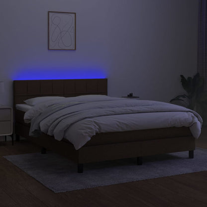 Cama box spring c/ colchão/LED 140x190cm tecido castanho-escuro