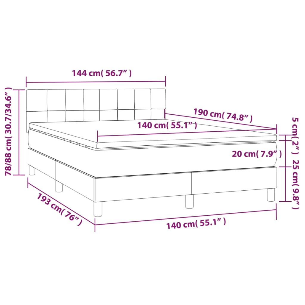 Cama box spring c/ colchão/LED 140x190cm tecido castanho-escuro