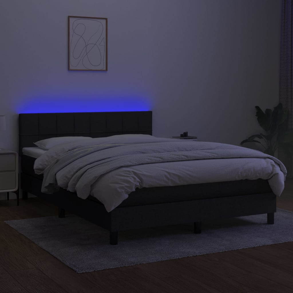 Cama box spring c/ colchão e LED 140x200 cm tecido preto