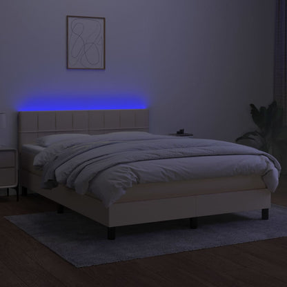 Cama box spring c/ colchão e LED 140x200 cm tecido cor creme