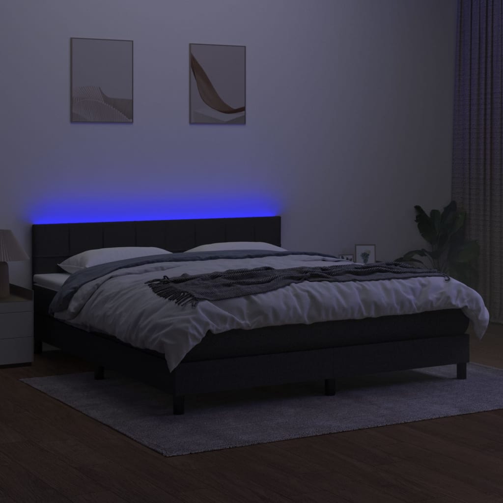 Cama box spring c/ colchão e LED 160x200 cm tecido preto