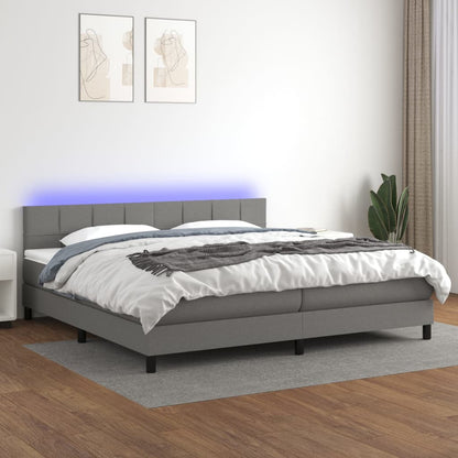 Cama box spring c/ colchão e LED 200x200 cm tecido cinza-escuro