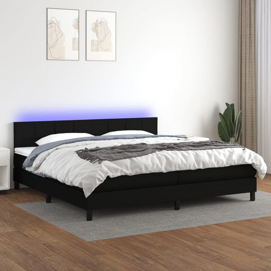 Cama box spring c/ colchão e LED 200x200 cm tecido preto