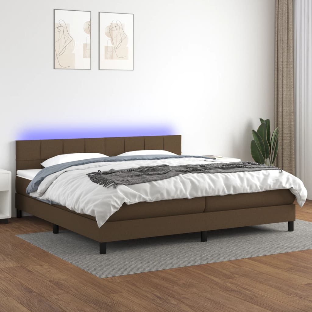 Cama box spring c/ colchão/LED 200x200cm tecido castanho-escuro