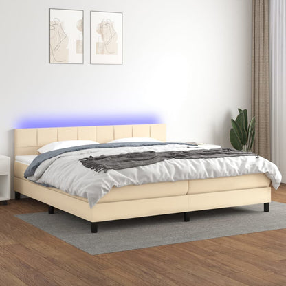 Cama box spring c/ colchão e LED 200x200 cm tecido cor creme