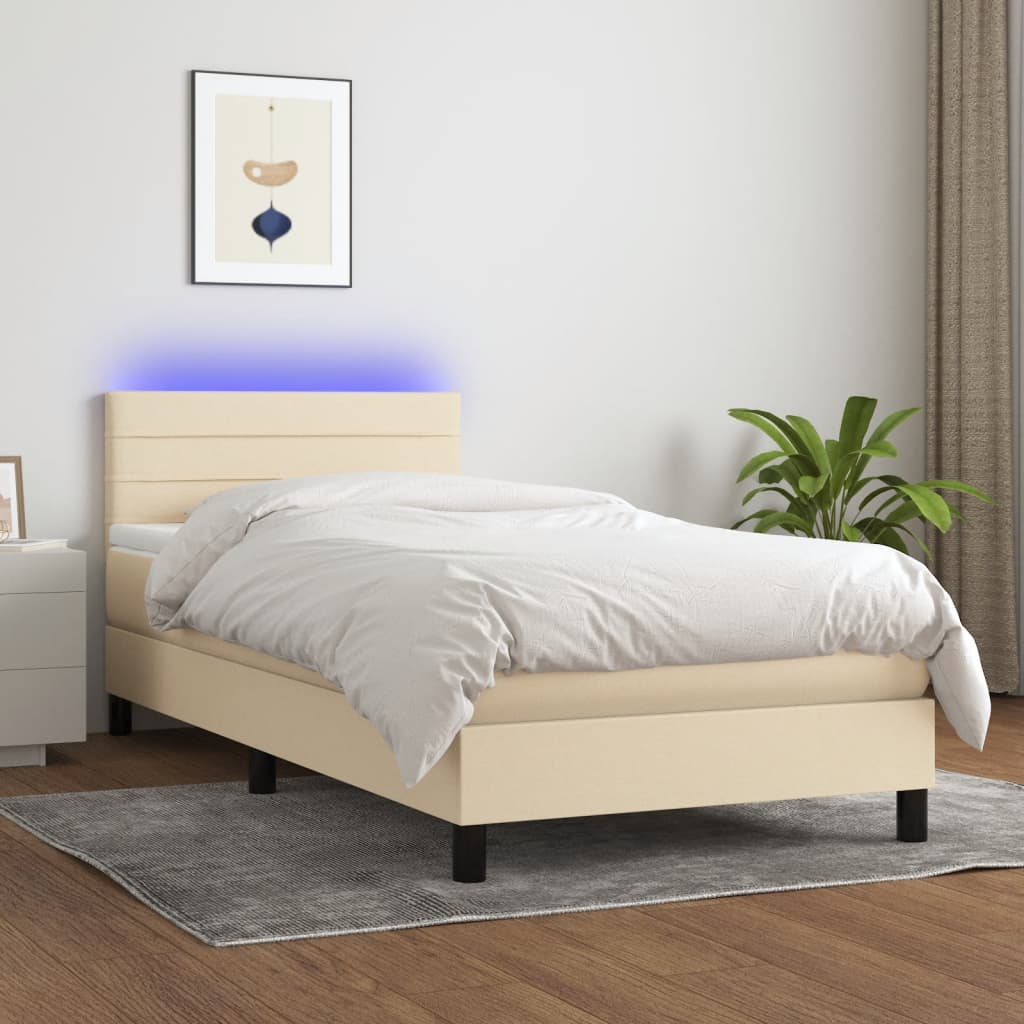 Cama box spring c/ colchão e LED 80x200 cm tecido cor creme