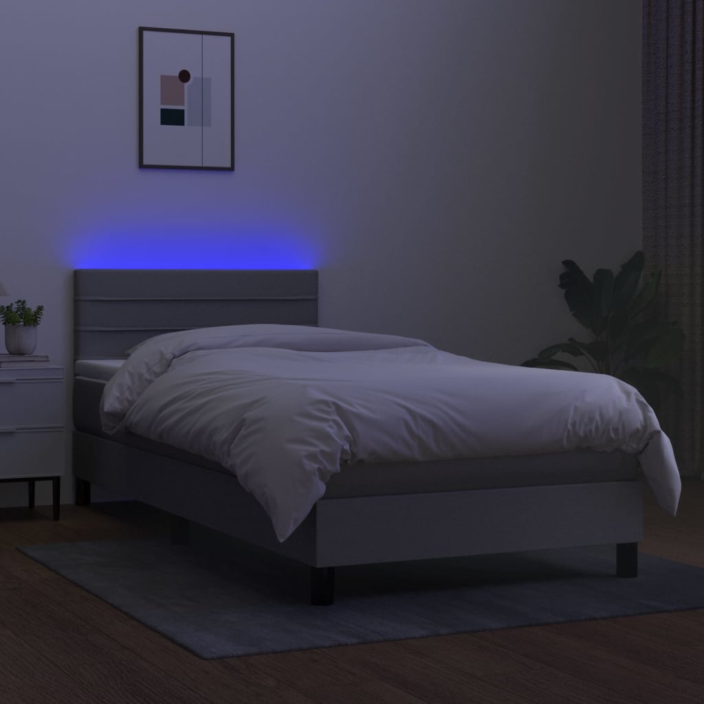 Cama box spring c/ colchão e LED 90x200 cm tecido cinza-claro