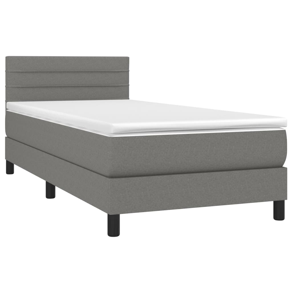 Cama box spring c/ colchão e LED 90x200 cm tecido cinza-escuro