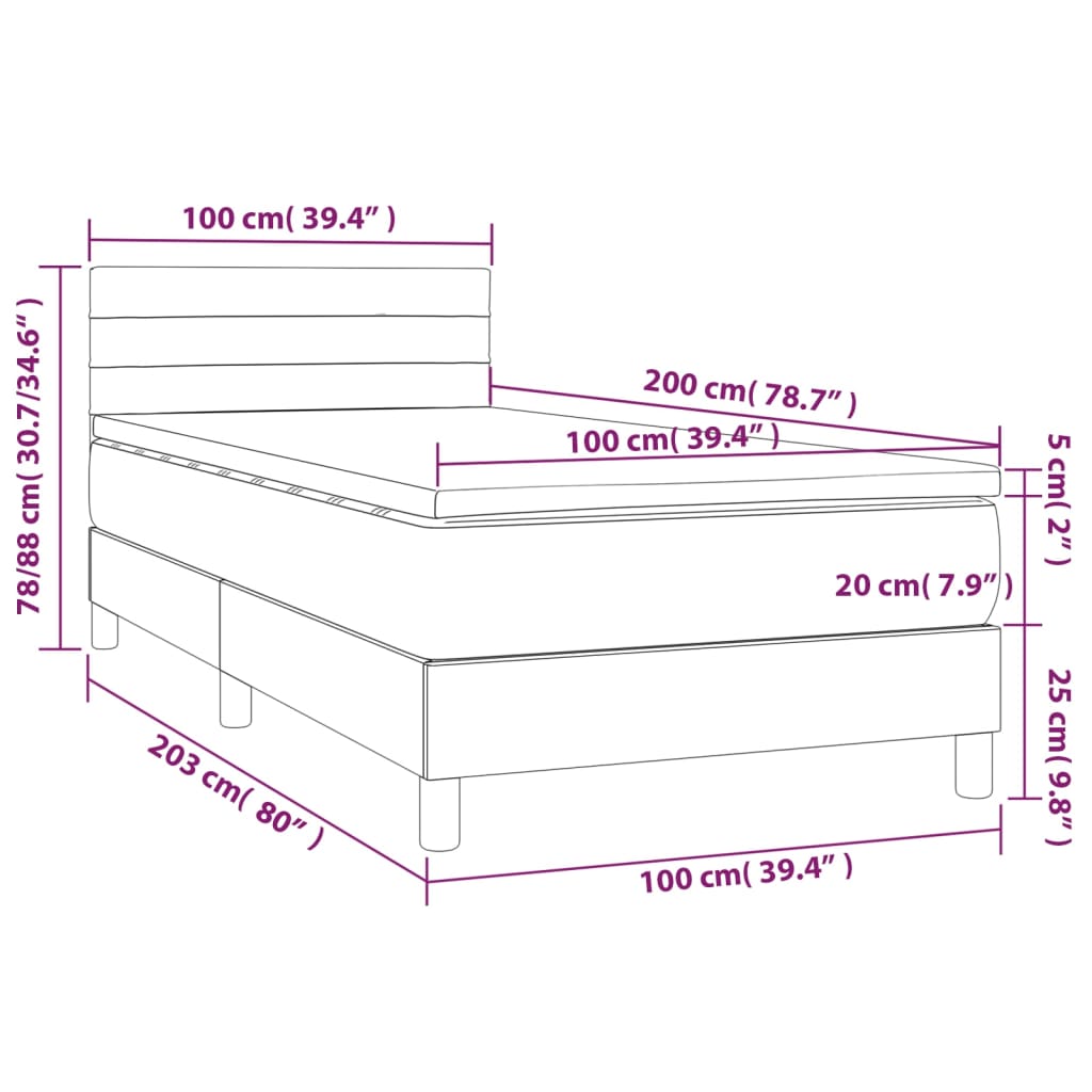 Cama box spring c/ colchão e LED 100x200 cm tecido preto