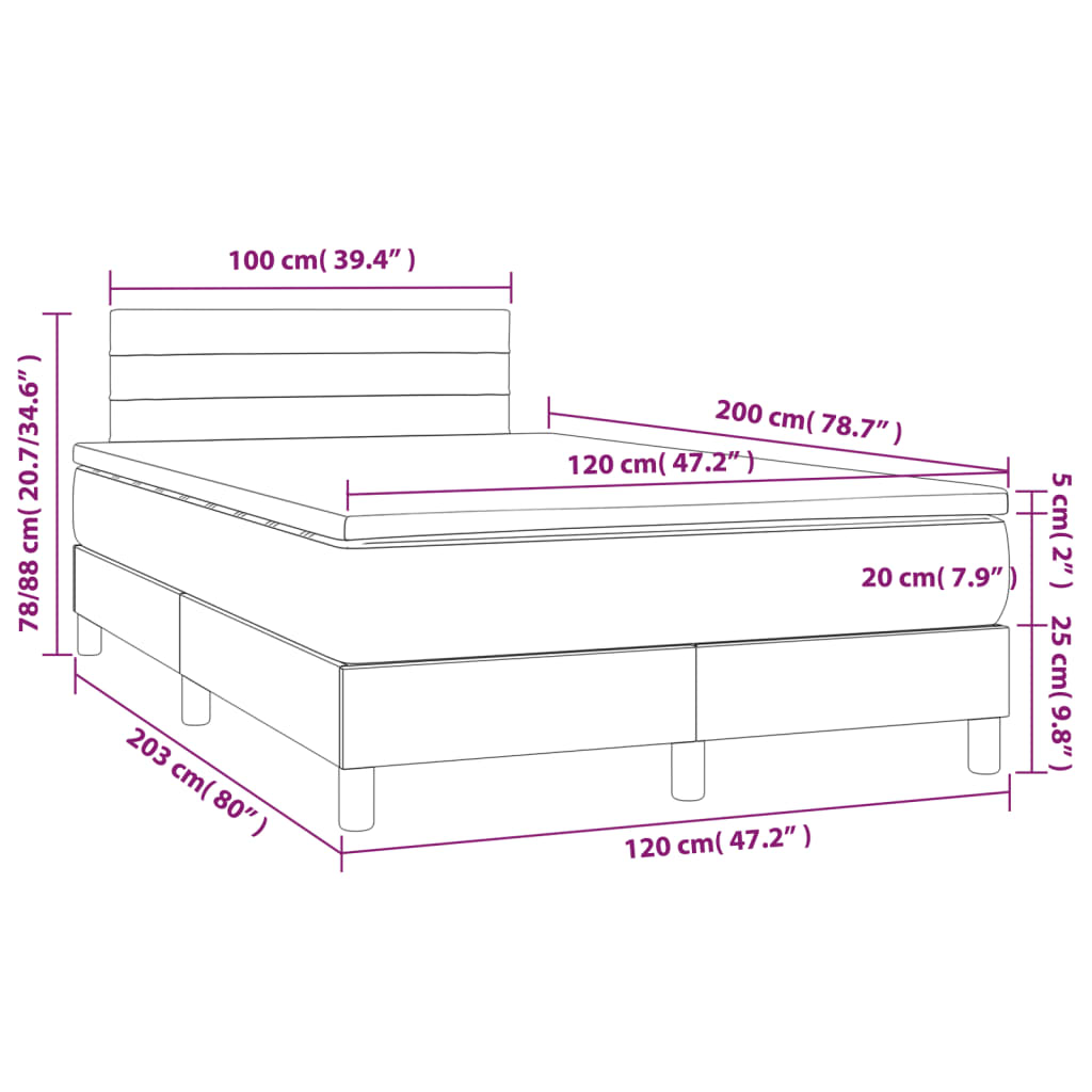 Cama box spring c/ colchão/LED 120x200cm tecido castanho-escuro