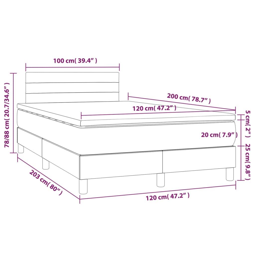 Cama box spring colchão/LED 120x200cm tecido cinza-acastanhado