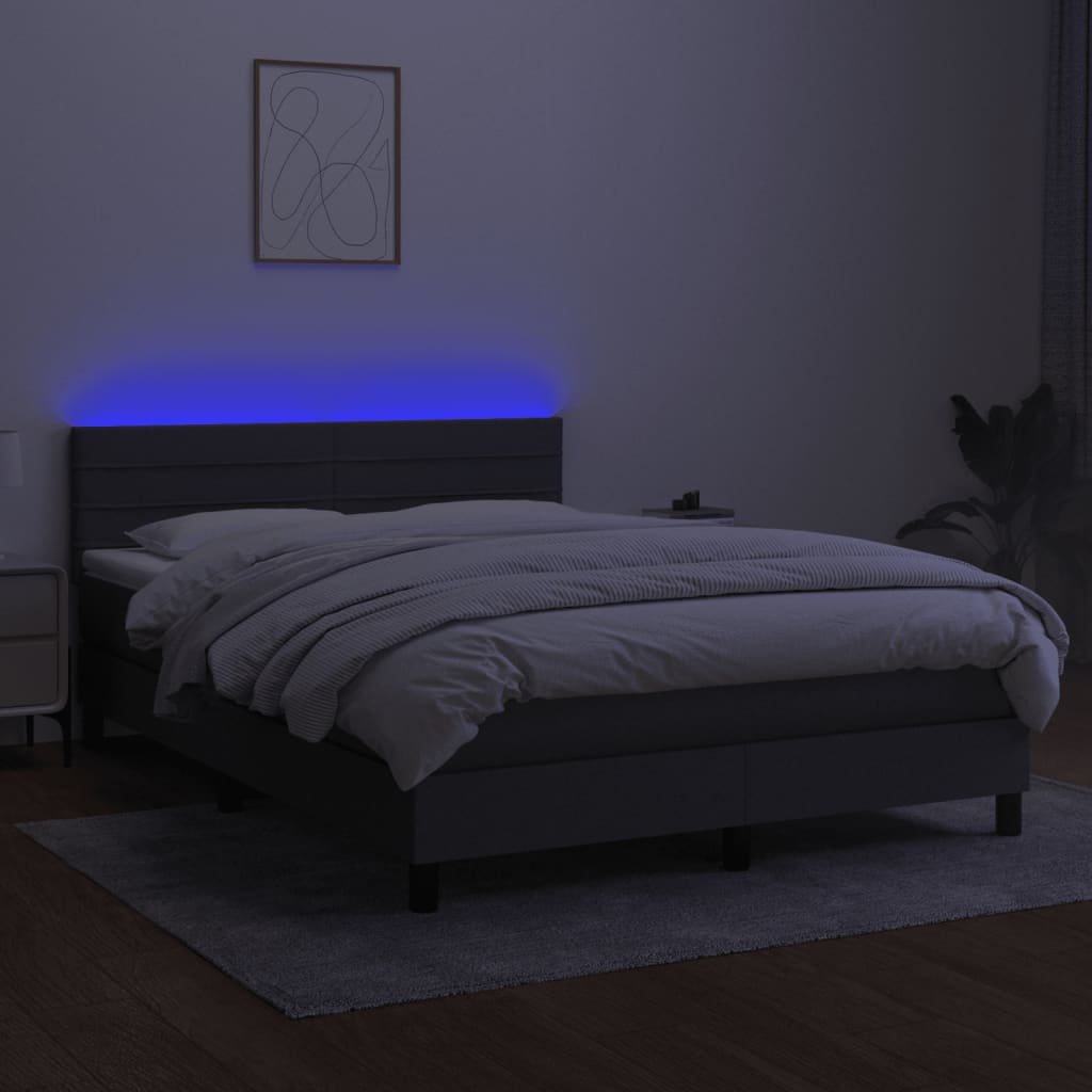 Cama box spring c/ colchão e LED 140x190 cm tecido cinza-escuro