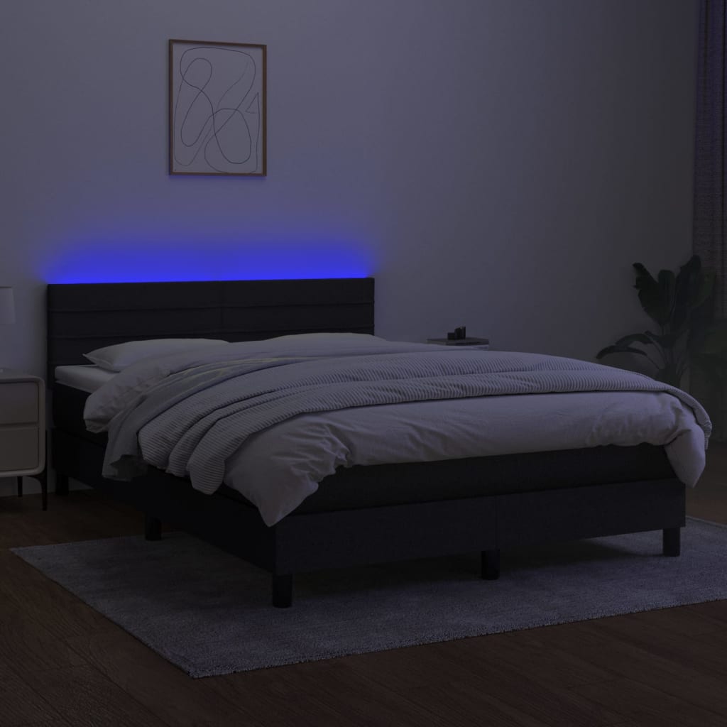 Cama box spring c/ colchão e LED 140x190 cm tecido preto