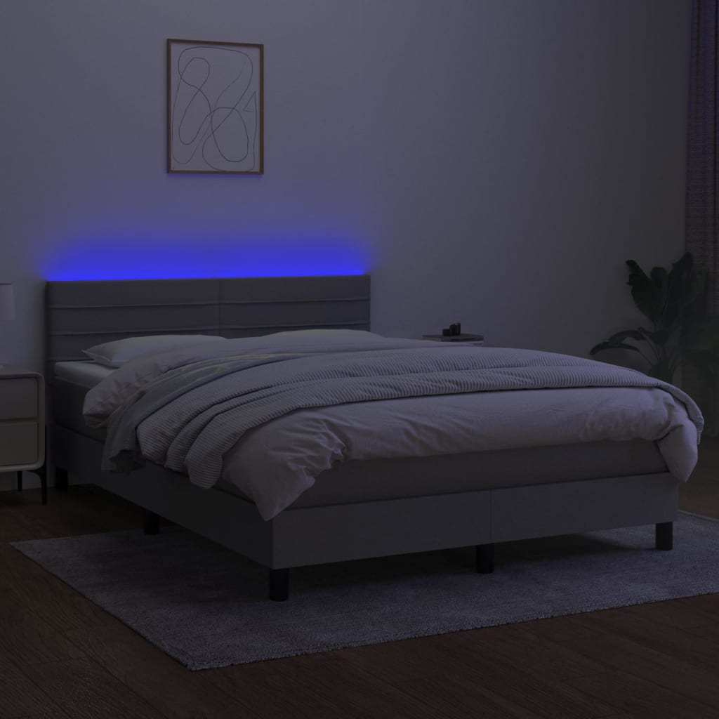 Cama box spring c/ colchão e LED 140x200 cm tecido cinza-claro