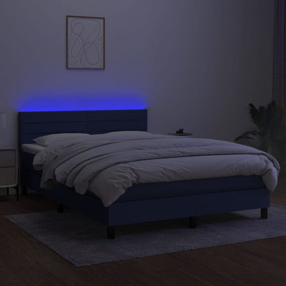 Cama box spring c/ colchão e LED 140x200 cm tecido azul