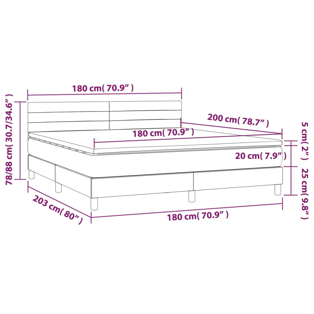 Cama box spring colchão/LED 180x200cm tecido cinza-acastanhado