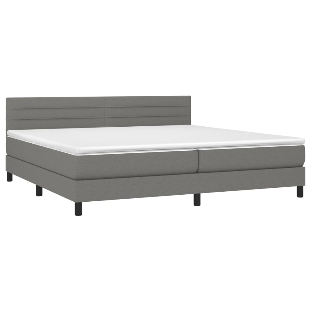 Cama box spring c/ colchão e LED 200x200 cm tecido cinza-escuro