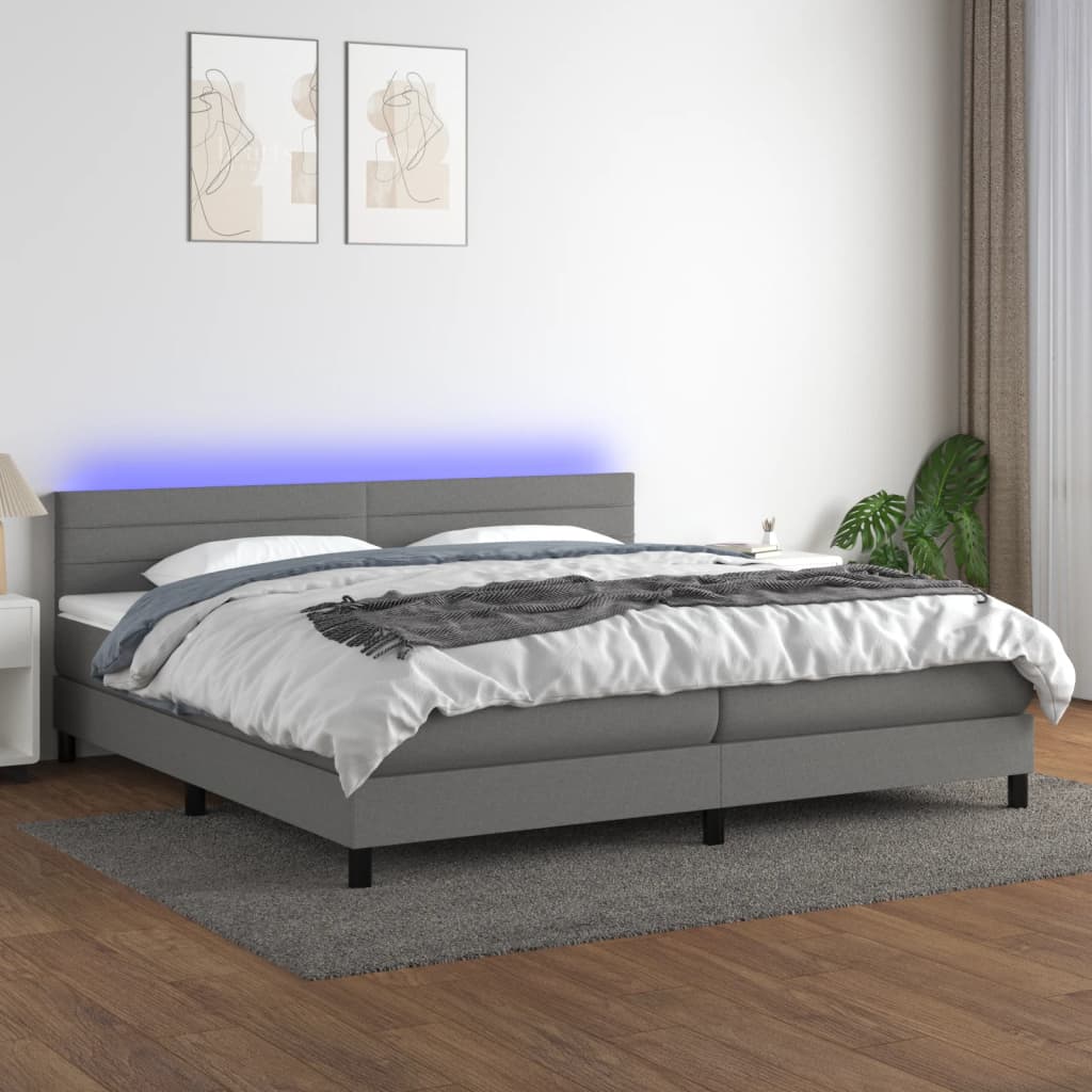 Cama box spring c/ colchão e LED 200x200 cm tecido cinza-escuro