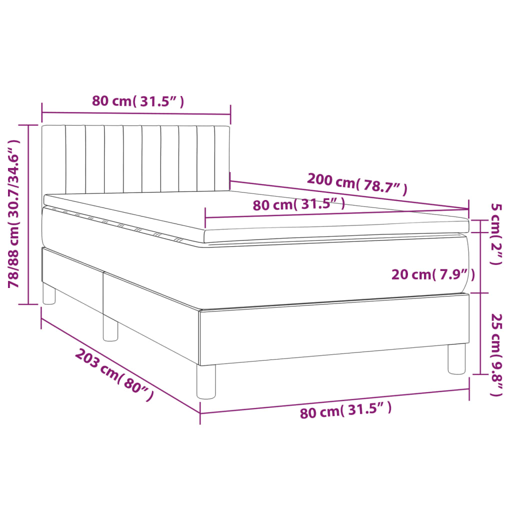 Cama box spring c/ colchão e LED 80x200 cm tecido cinza-claro