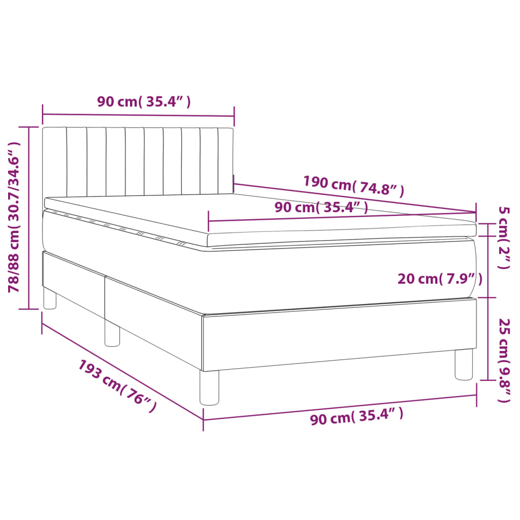 Cama box spring c/ colchão/LED 90x190 cm tecido castanho-escuro