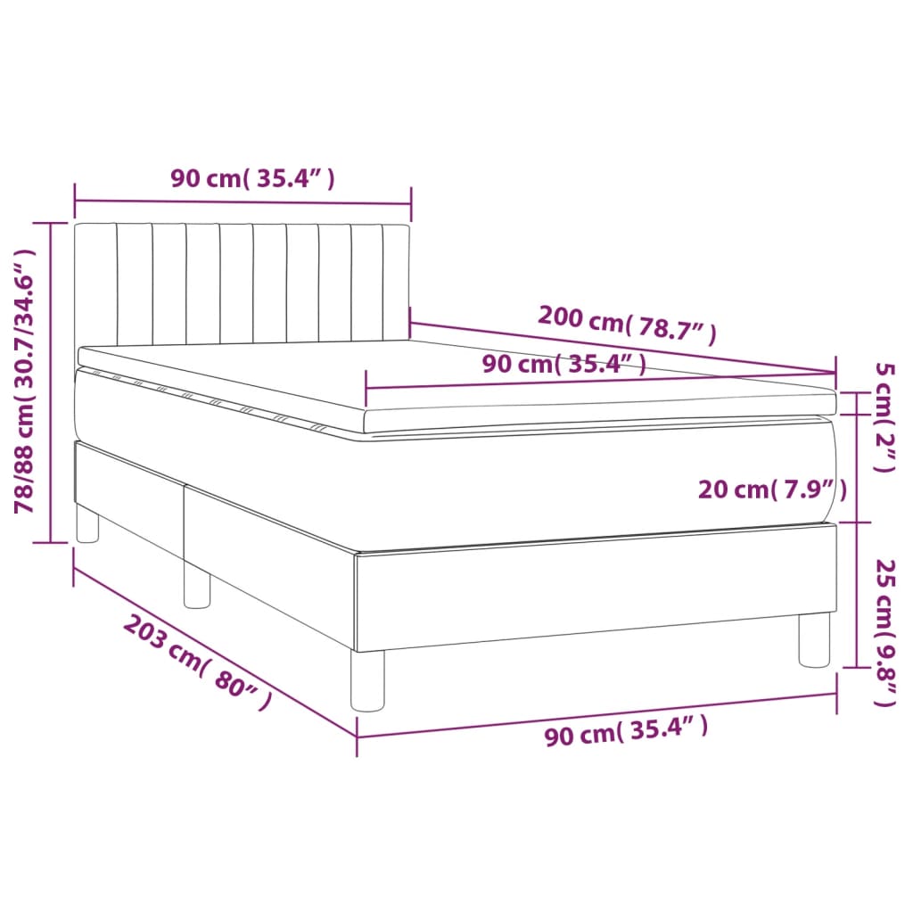 Cama box spring c/ colchão e LED 90x200 cm tecido cor creme