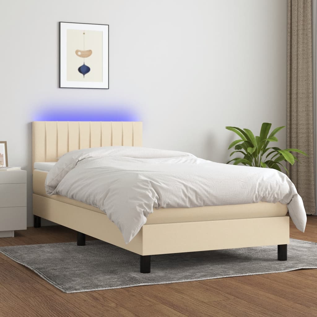 Cama box spring c/ colchão e LED 90x200 cm tecido cor creme