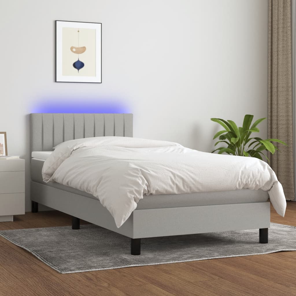 Cama box spring c/ colchão e LED 100x200 cm tecido cinza-claro