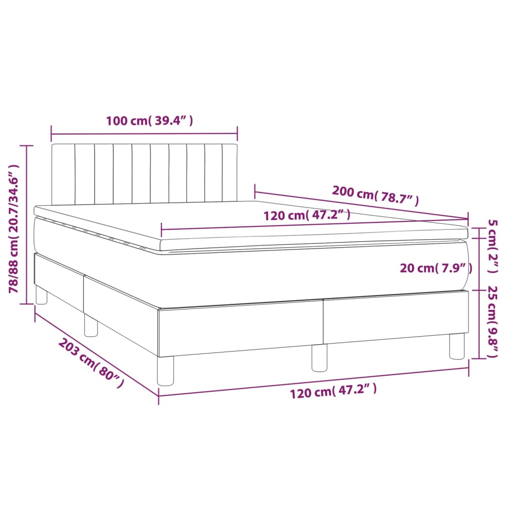 Cama box spring c/ colchão/LED 120x200cm tecido castanho-escuro